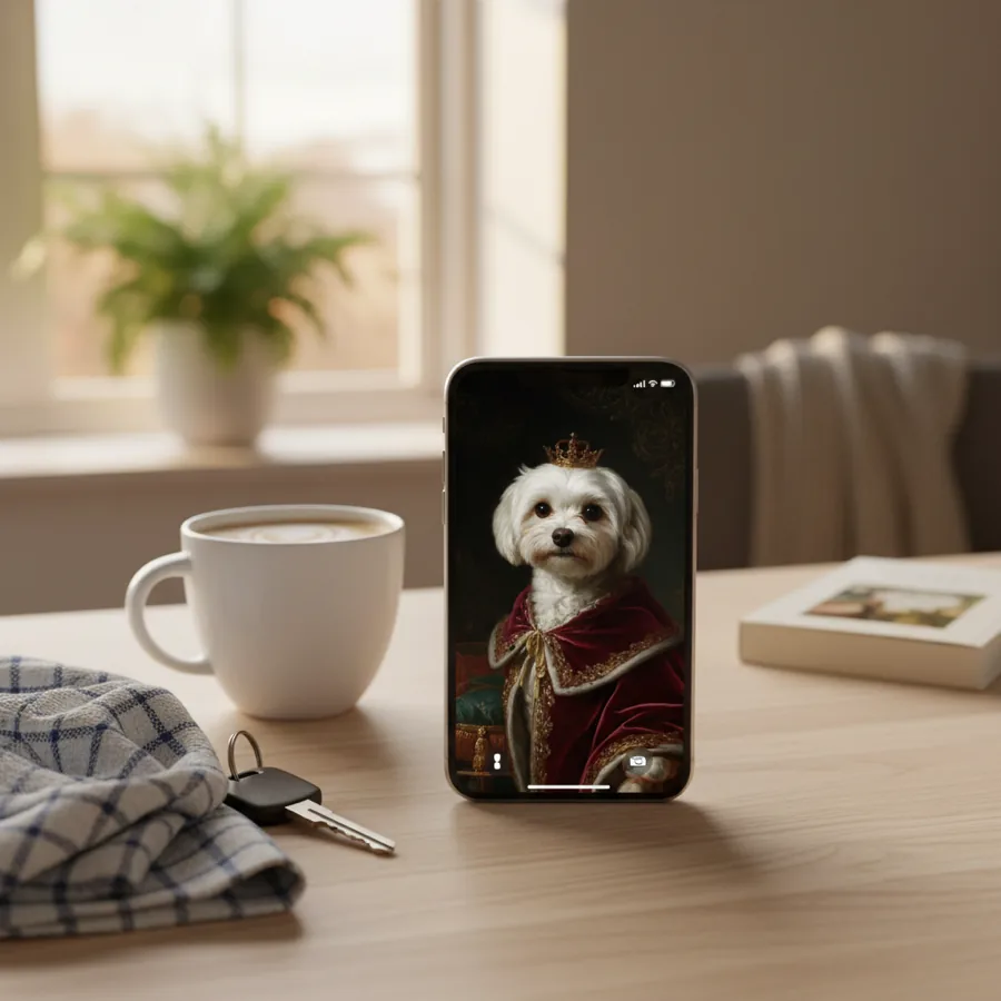 A phone on a kitchen counter showing a pet portrait wallpaper