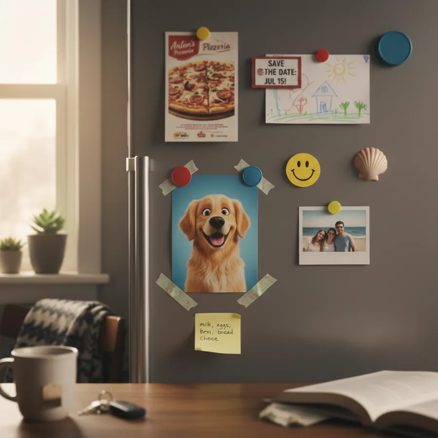 A pet portrait taped to a fridge