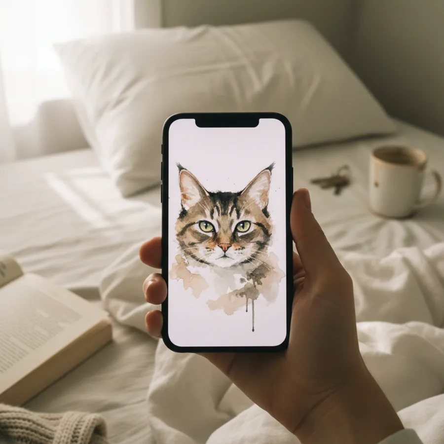 A phone showing a watercolour tabby cat as wallpaper