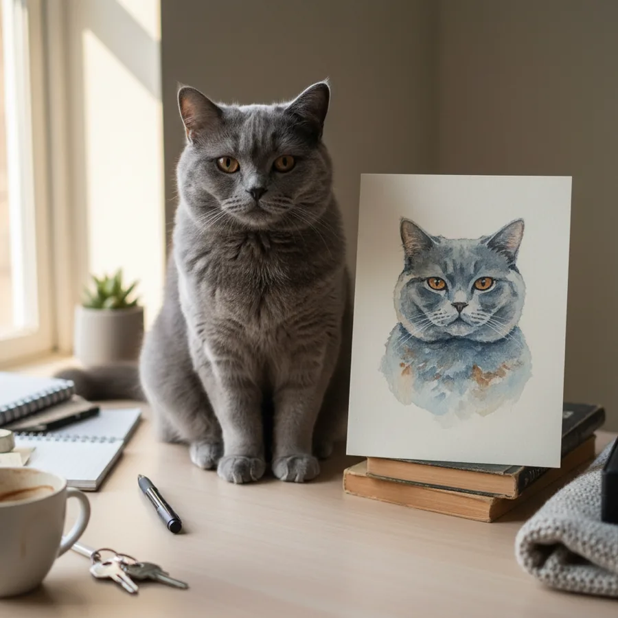 A grey cat beside their own watercolour portrait