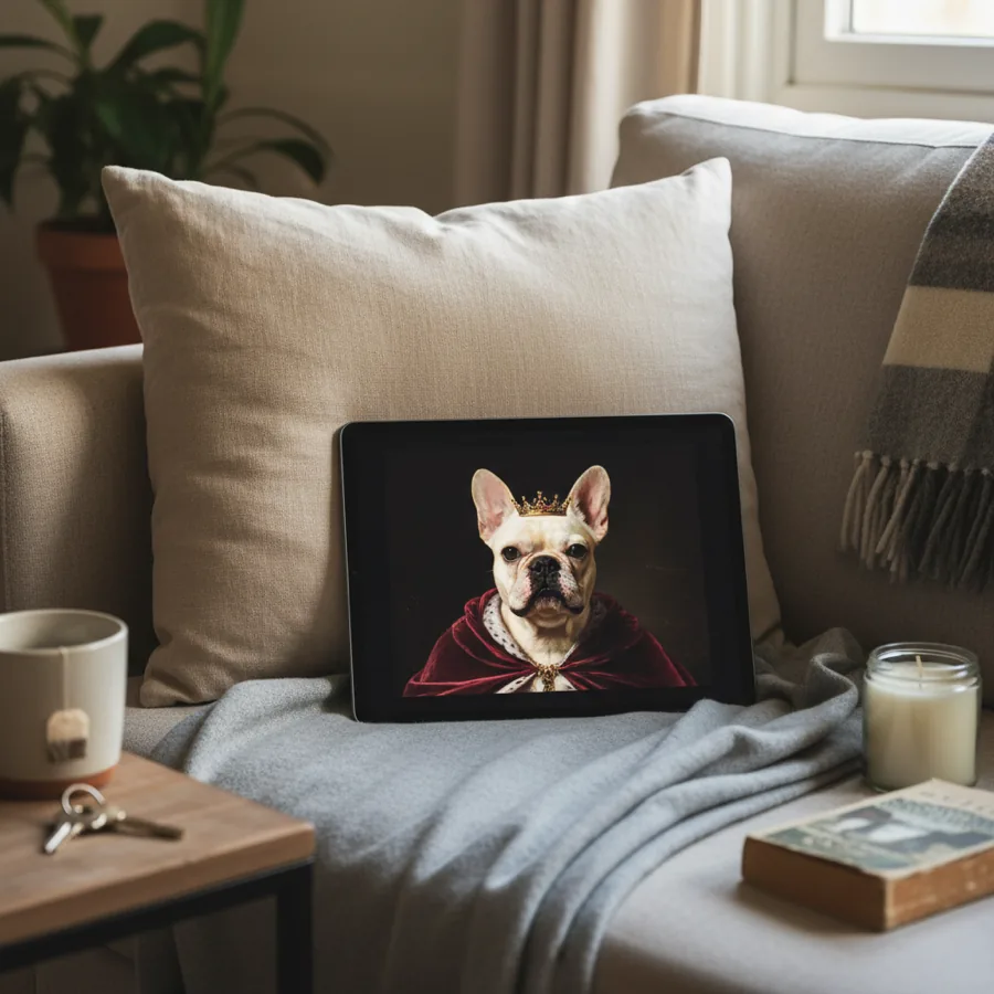 An iPad on a sofa with a pet portrait