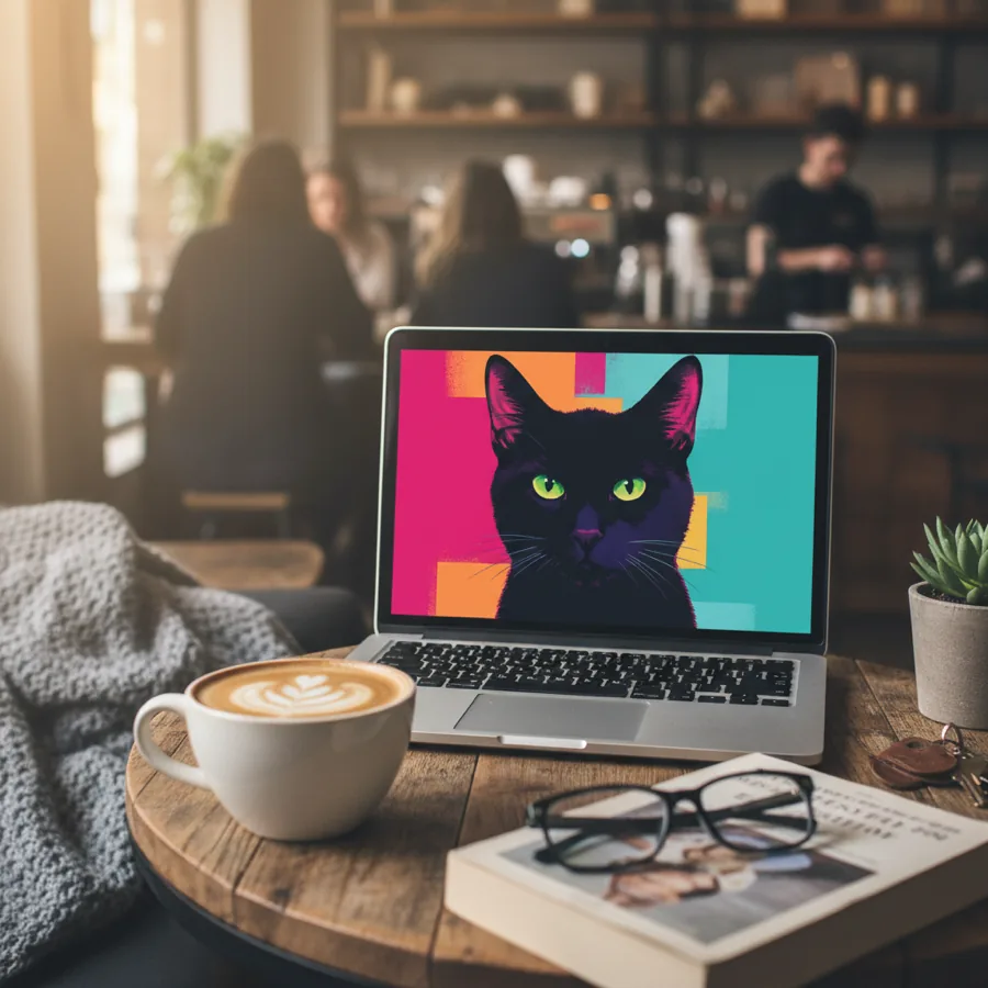 A MacBook with a pop art black cat wallpaper