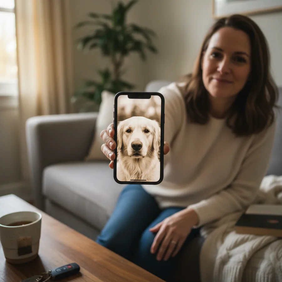 A woman holding her phone showing a memorial pet portrait