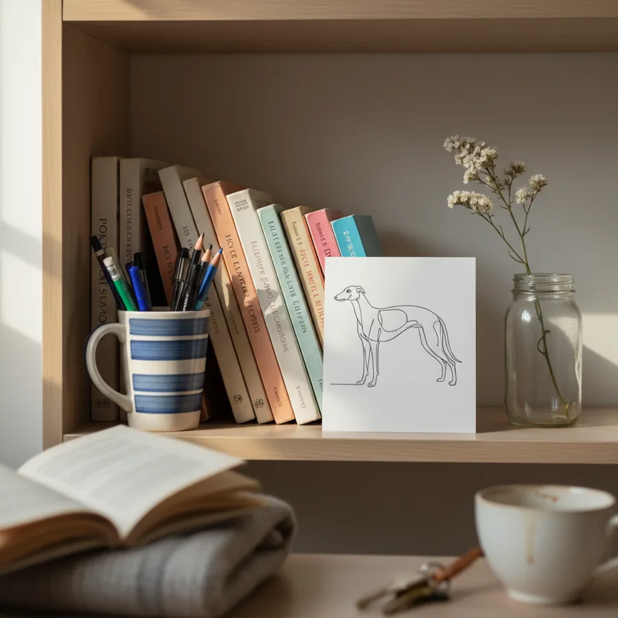 A minimal line portrait leaning against books
