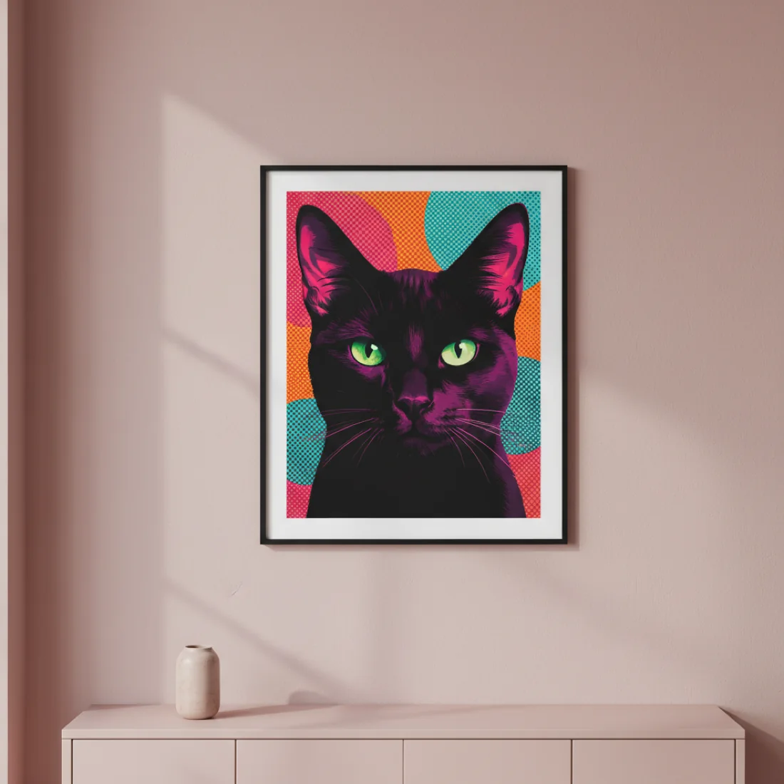 Pop-art black cat framed on a pink wall