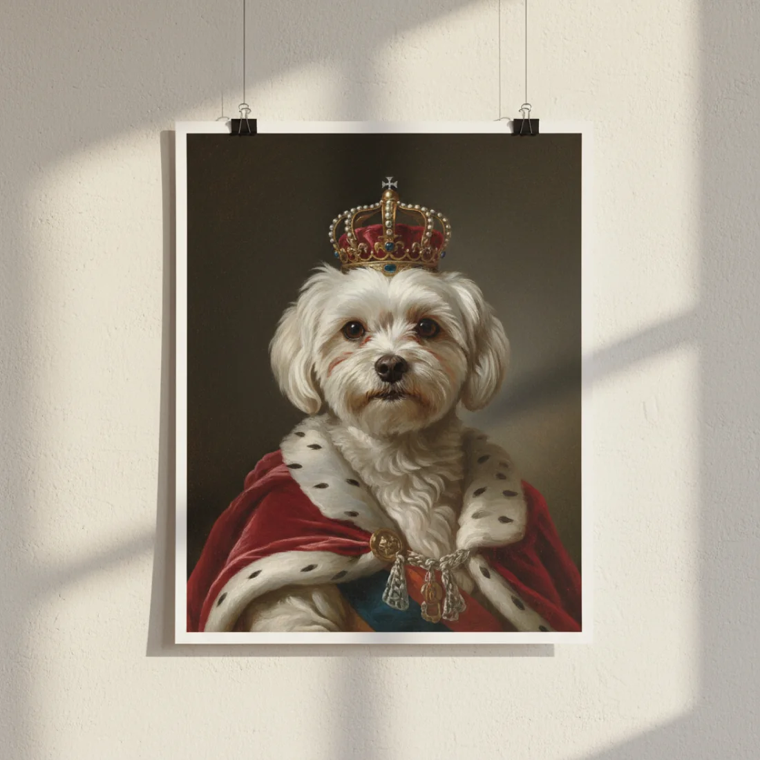 Royal portrait pinned to a cream wall