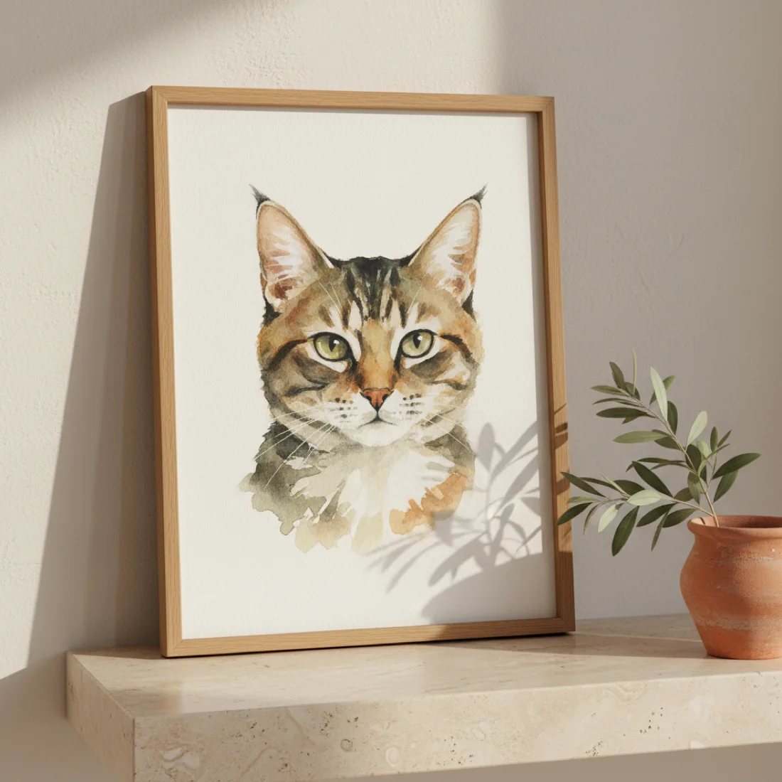 Soft watercolour tabby framed on a stone shelf